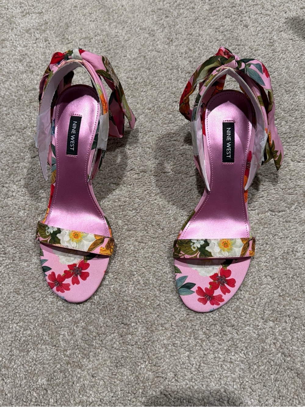 Nine West Pink Floral Tie-Strap Block Heel Sandals